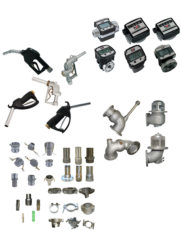 Flow meters, Fluid nozzles, Swivels and Valves, Couplers, Hose menders, Clamps.